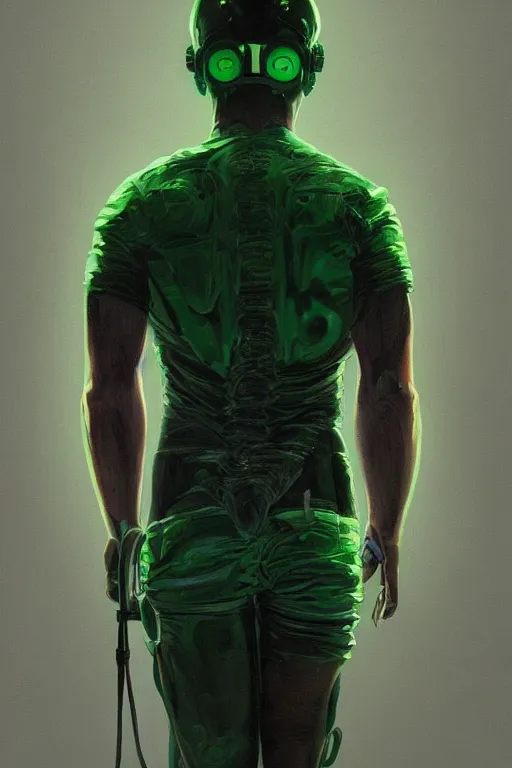 Image similar to full body shot green radio head man back view synth wave, blank lighting ultra realistic photorealistic highly detailed high quality, a stunningly, digital painting, artstation, concept art, smooth, sharp focus, illustration, art by artgerm and greg rutkowski and alphonse mucha 8 k