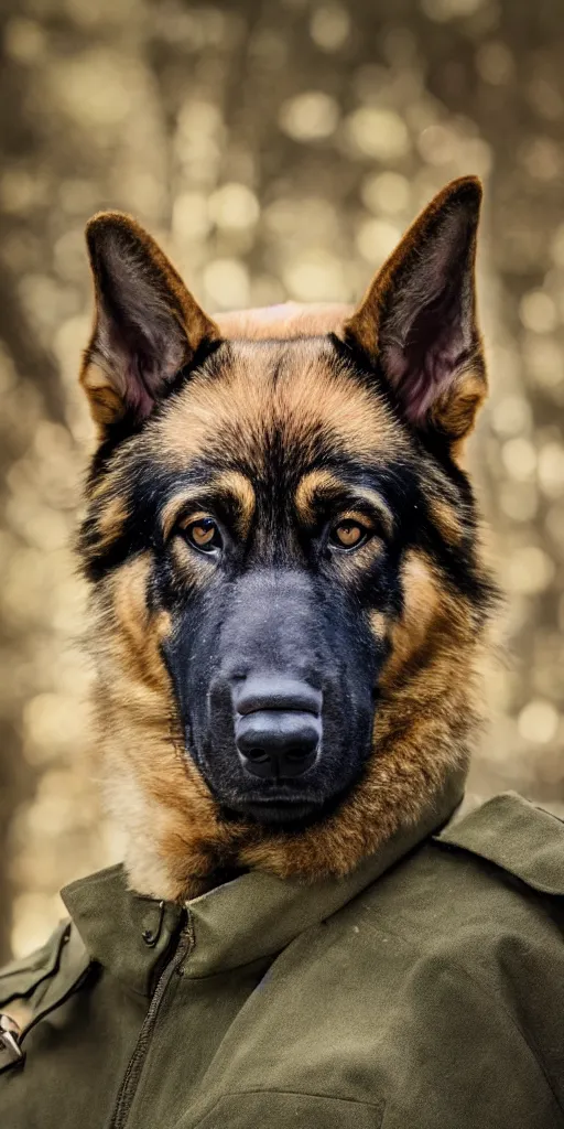 Image similar to close up character portrait icon of the german shepard beast - man military uniform head animal person wearing clothes standing in the bright forest, 4 k, tone mapping