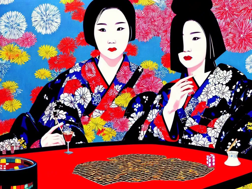 Image similar to hyperrealistic composition of the detailed woman in a japanese kimono sitting at a poker table with detailed darth vader, fireworks, mount fuji on the background, pop - art style, jacky tsai style, andy warhol style, acrylic on canvas