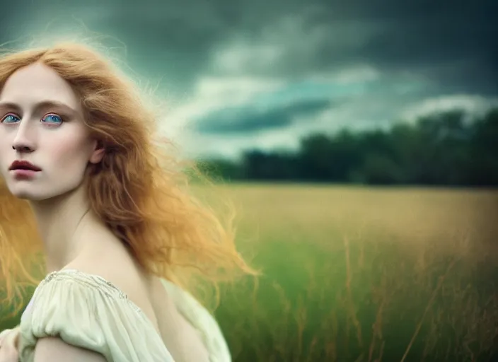 Prompt: cinestill 5 0 d photo of a pre - raphaelite blond beautiful woman, dreamy mood, fine art photography in style of gilles zimmermann, 1 5 0 mm, f 1. 2, emotionally evoking, head in focus, stormy clouds outdoor, matt mute colour background, volumetric lighting, hyper realistic, ultra detailed