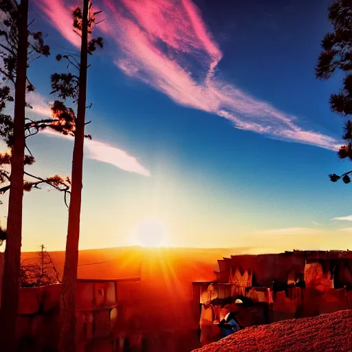 Image similar to sunset light landscape with bryce canyon, lots of sparkling details and sun ray ’ s, blinding backlight, smoke, volumetric lighting, colorful, octane, 3 5 mm, epic colored reflections, very colorful heavenly, softlight