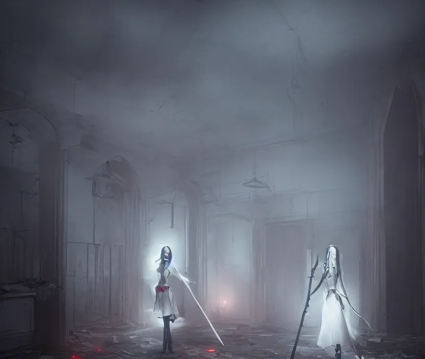 Image similar to imperial princess knight gothic girl standing on an abandoned hospital room with red ceiling lighting and several blue lights on the walls, gloomy and foggy atmosphere, octane render, artstation trending, horror scene, highly detailded