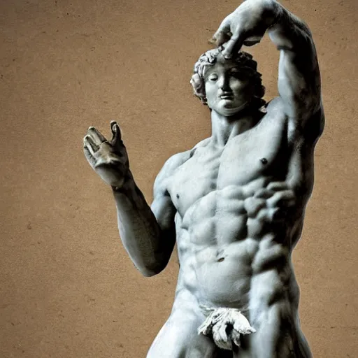 Image similar to a photorealistic image of michelangelo's sculpture of david playing football