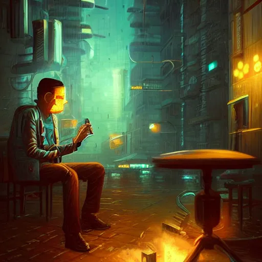 Image similar to An android smoking a cigar in a cyberpunk setting by Evgeny Lushpin, Trending on Artstation, 1980s Computer Graphics