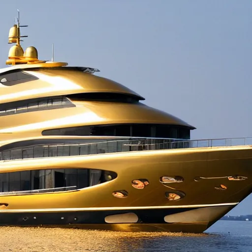 Prompt: wrinkled hunchbacked old butler polishing the side of a gold plated mega yacht