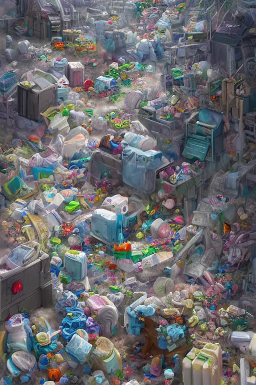 Prompt: Diaper Disposal Factory, Overflowing with Diapers, digital art, fantasy, trending on artstation, professional illustration, cgsociety, ultra detailed, celshaded, colorful, mechanical