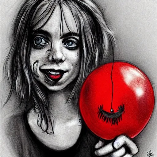 Image similar to surrealism grunge cartoon portrait sketch of billie eilish with a wide smile and a red balloon by - michael karcz, loony toons style, comic book style, horror theme, detailed, elegant, intricate