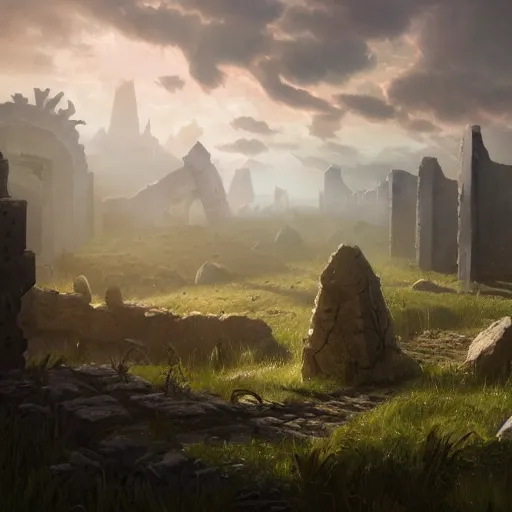 Prompt: RPG battlemap of a field surrounding the ruins of a fallen stone titan, Greg Rutkowski, dramatic lighting, overhead, beautiful lighting
