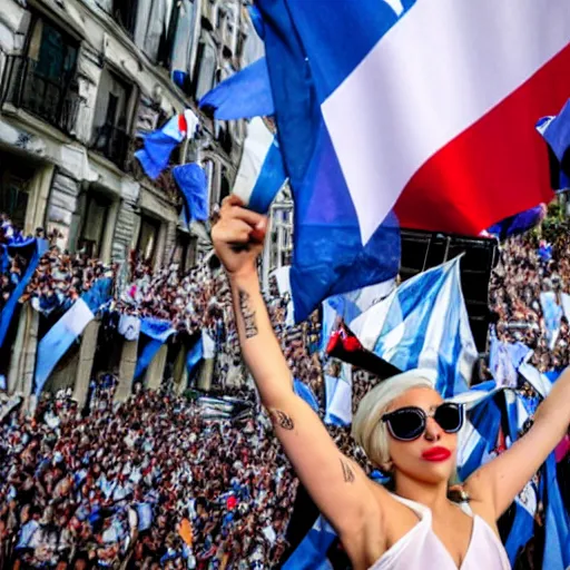 Image similar to Lady Gaga as Evita, Argentina presidential rally, Argentine flags behind, bokeh, epic photo, detailed face, Argentina