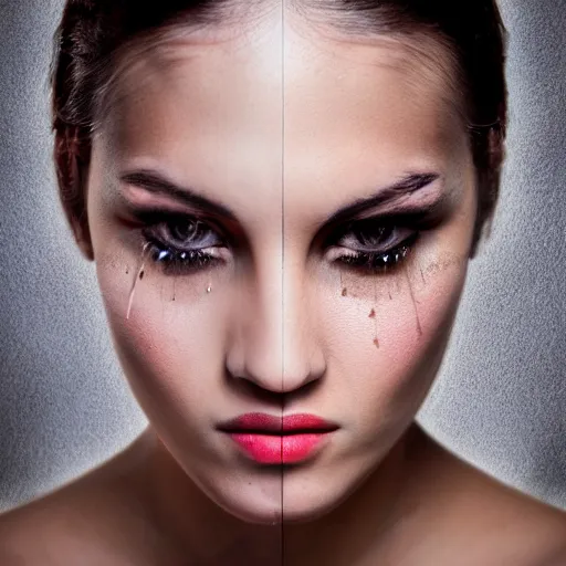 Image similar to 3 d, fashion model, tears, realistic, people look into the frame