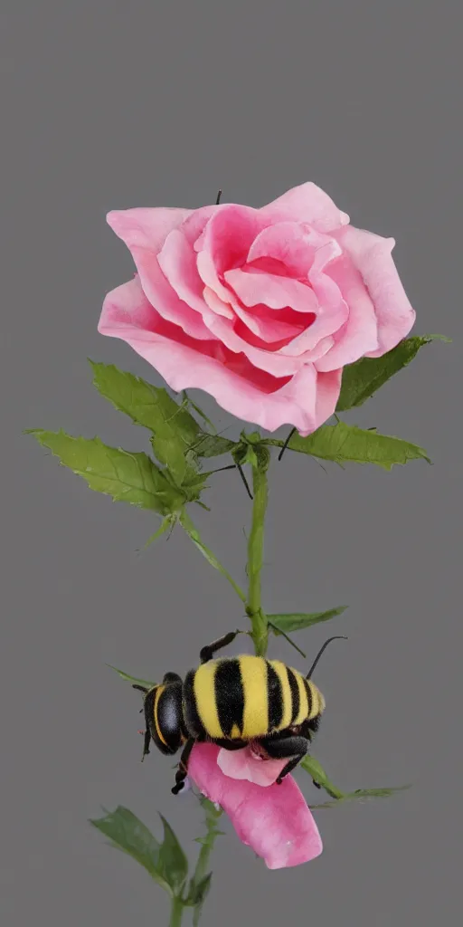 Prompt: platinum fat figure of a plastic bee sleeping inside a rose flower catalogue diagram scientific photography