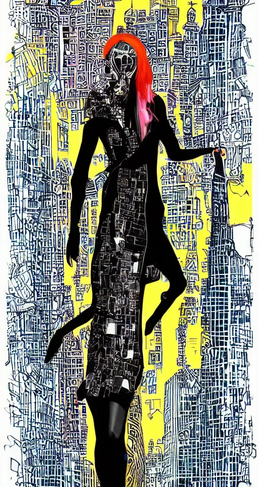 Prompt: cypherpunk high priestess fashion illustration, camera face, city street background with high tall buildings, kodachrome, abstract portrait highly detailed, finely detailed