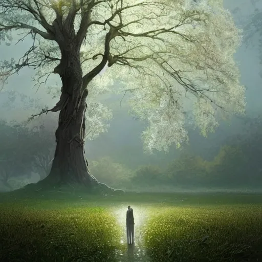 Prompt: a big tree in a meadow with white leaves and some leaves falling retro digital painting, artstation, concept art, soft light, hdri, smooth, sharp focus, illustration, fantasy, intricate, elegant, highly detailed, D&D, matte painting, in the style of Greg Rutkowski and Alphonse Mucha and artemisia, 8k, highly detailed, jurgens, rutkowski, bouguereau, pastoral, rustic, georgic