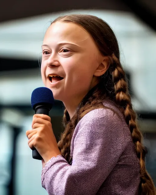 Prompt: film still close - up shot of greta thunberg giving a speech in a train station eating pizza, smiling, the sun is shining. photographic, photography