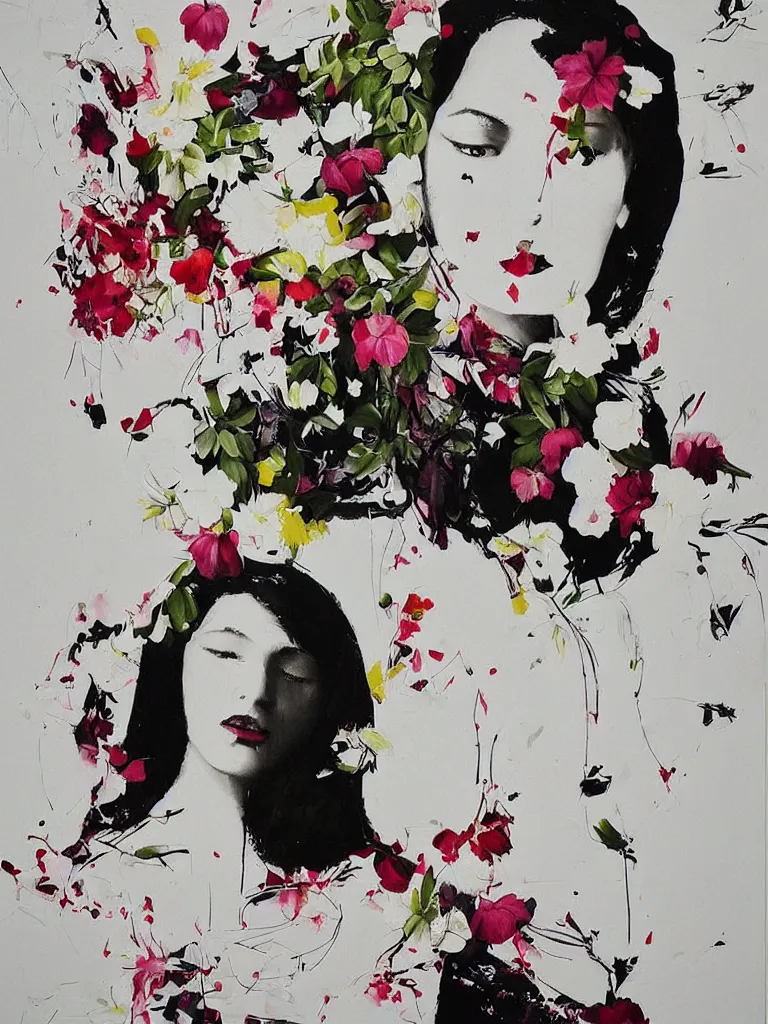 Image similar to “art in an Australian artist’s apartment, painting of a woman wearing white cotton cloth, organic, fresh berries, white wax, edible flowers, Japanese pottery, ikebana, black walls, acrylic and spray paint and oilstick on canvas”