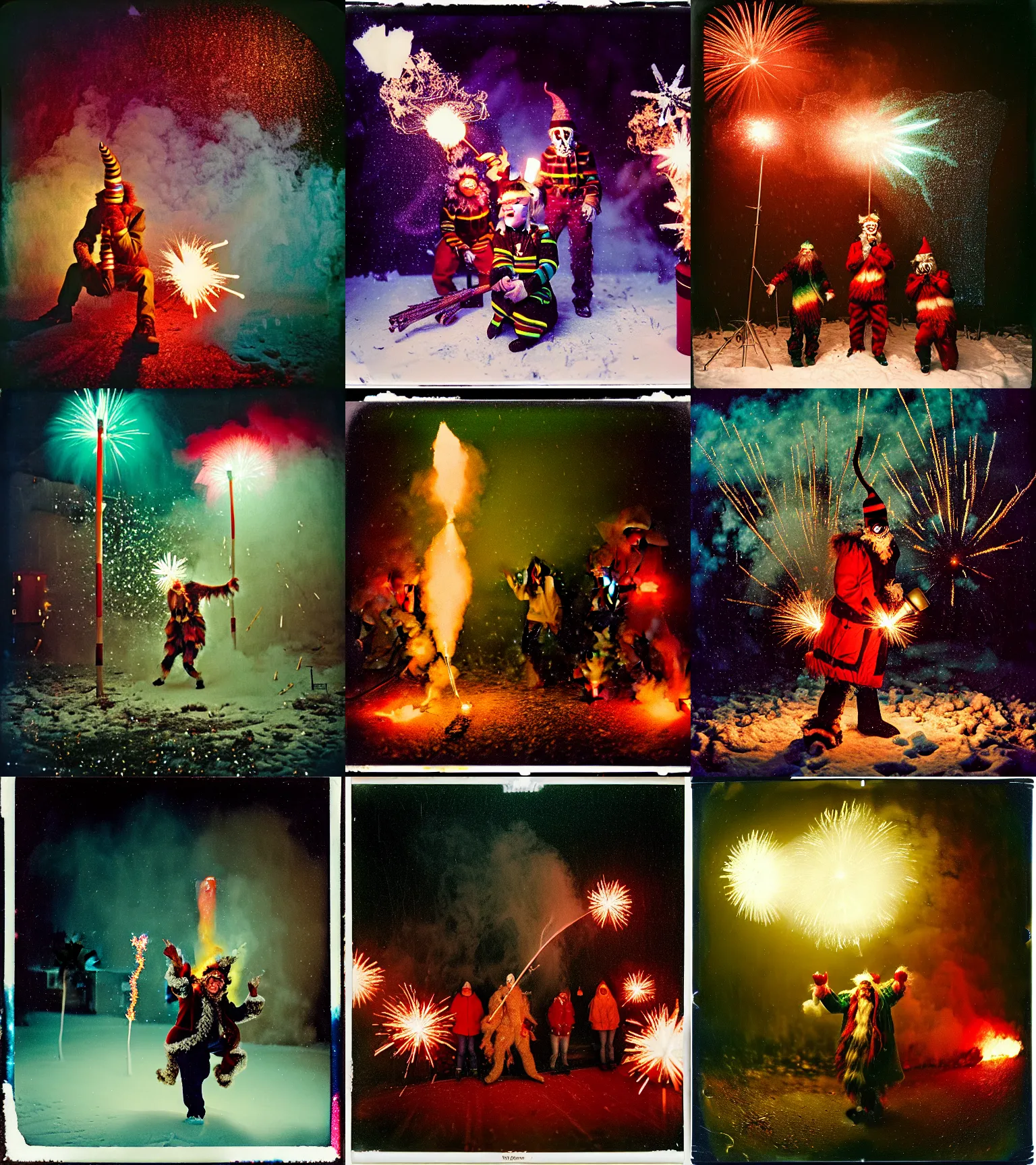 Image similar to kodak portra 4 0 0, wetplate, winter, snowflakes, rainbow coloured rockets, chaos, glitter tornados, award winning dynamic photo of a bunch of hazardous krampus between exploding fire barrels by robert capas, motion blur, in a small pantry at night with colourful pyro fireworks and torches, teal lights