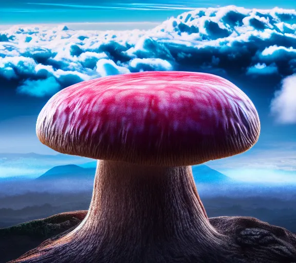 Image similar to a giant mushroom that stretches above the clouds with a city built into it underneath. highly detailed 8 k. intricate. lifelike. soft light. nikon d 8 5 0. cinematic post - processing