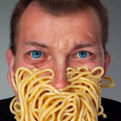 Prompt: A man whose face is made entirely out of pasta
