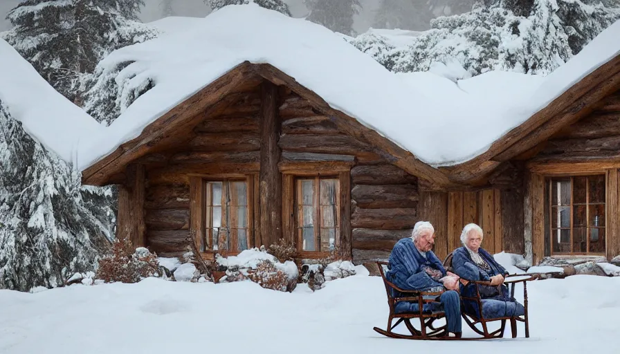 Prompt: old couple in rocking chairs living in old wooden chalet built in snowy mountains, snowing, trees, hyperdetailed, artstation, cgsociety, 8 k