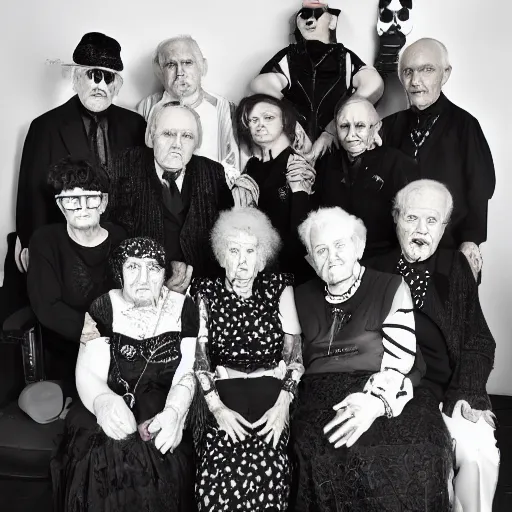 Image similar to an old age home for geriatric goths. photograph group portrait.