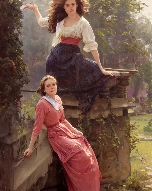 Prompt: a portrait painting of rachel lane / sabrina lloyd / perdita weeks / rachel mcadams / nicole de boer hybrid oil painting, gentle expression, smiling, elegant clothing, scenic background, extremely detailed and lifelike, artgerm, greg rutkowski, alphonse mucha, vladimir volegov, adolphe bouguereaum