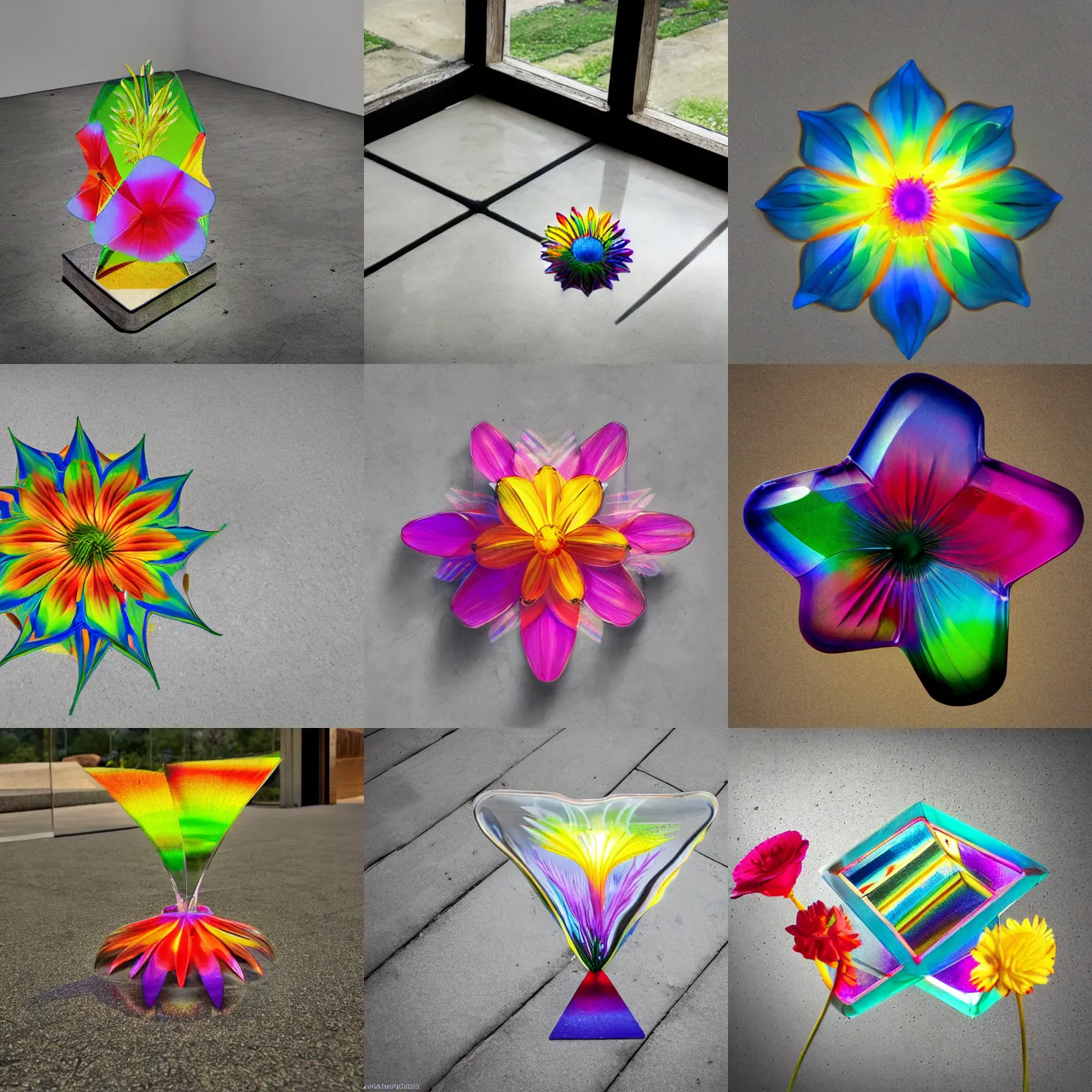 Prompt: exotic surreal living glass prism flower by chris wood, sunbeams, on concrete floor, featured on behance