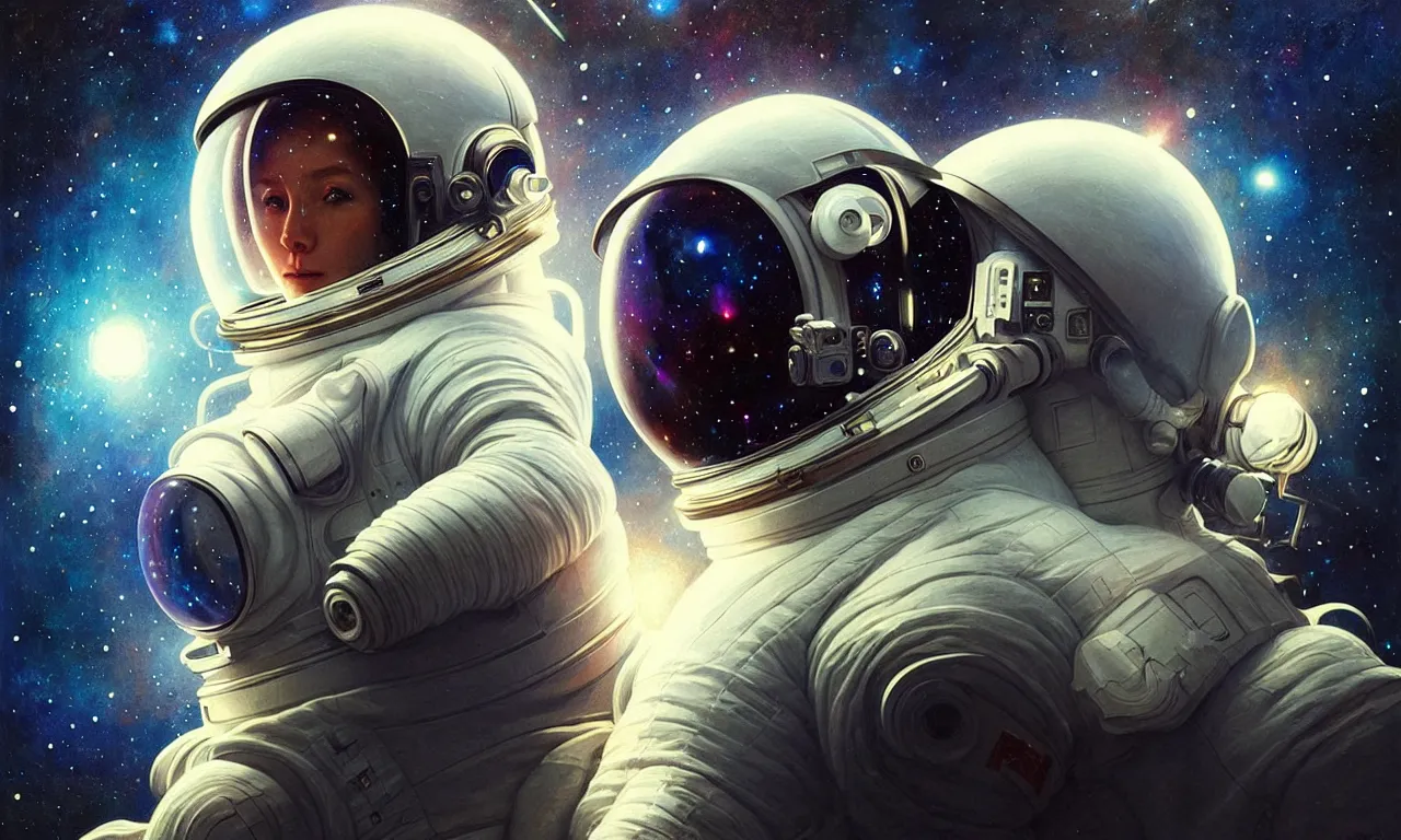 Prompt: Astronaut helmet is a reflection of stars and galaxies. Space exploration, an astronaut looks up into space, fantasy magic, undercut hairstyle, dark light night, intricate, elegant, sharp focus, illustration, highly detailed, digital painting, concept art, matte, art by WLOP and Artgerm and Greg Rutkowski and Alphonse Mucha, masterpiece