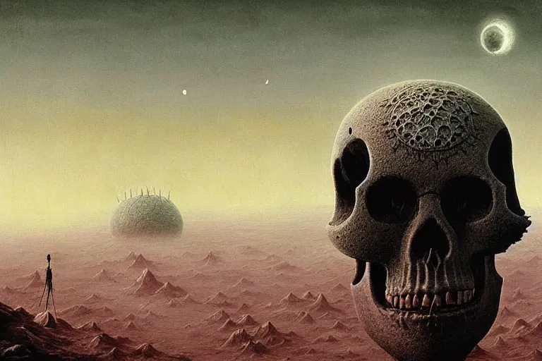 Image similar to a surreal and awe - inspiring science fiction landscape, skull moon in the sky looks like a skull, intricate, elegant, highly detailed matte painting by beksinski and simon stalenhag