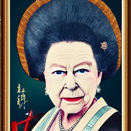 Image similar to a beautiful painting of old queen elizabeth ii dressed as japanese samurai with katana, realistic, portrait, full body, hd, 8 k, 4 k,