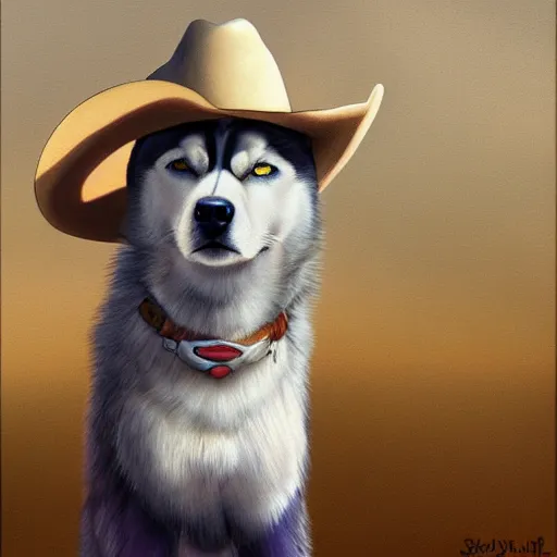 Image similar to a portrait painting of a husky in cowboy costume, wearing a cowboy hat, by studio ghibli, in the style of anime, humanoid, personify, anthropomorphic, trending on artstation