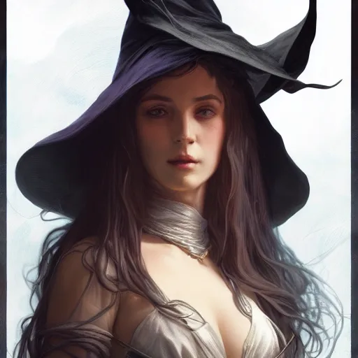 Image similar to A witch, closeup, D&D, intricate, elegant, highly detailed, digital painting, artstation, concept art, matte, sharp focus, illustration, art by Artgerm and Greg Rutkowski and Alphonse Mucha]