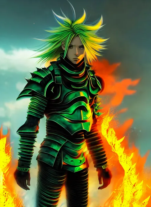 Image similar to a striking cinematic full body manga portrait of a male warrior with long blonde hair and blue eyes wearing evil green spiked cyberpunk armour and standing in the desolate burning ruins of a futuristic city by hirohiko araki and beeple, fine details, digital art, character concept art, volumetric lighting, cinematic light, photorealistic