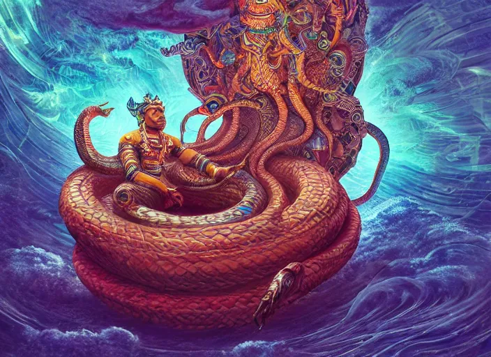 Prompt: vishnu sitting under a giant many - headed cobra, floating across the cosmic ocean, digital art, octane render, highly detailed, intricate, by android jones