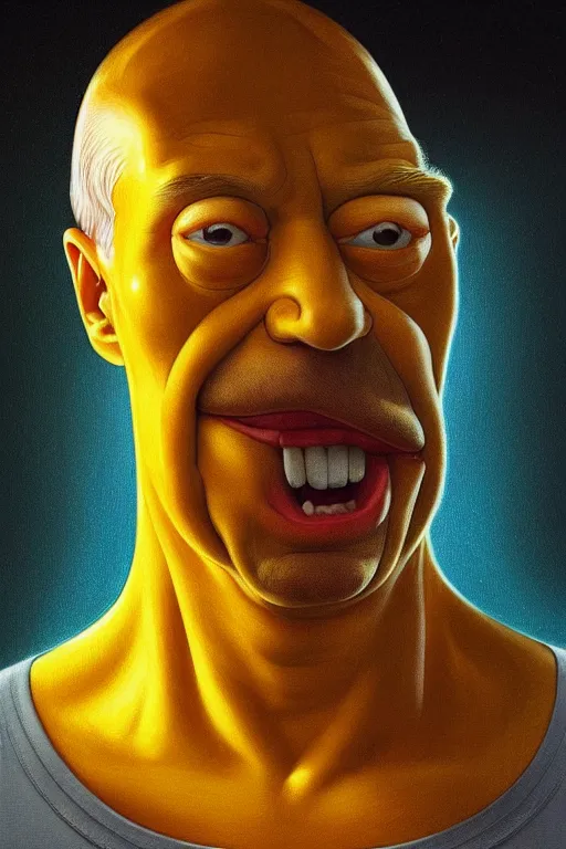 Image similar to vladimir putin as a yellow funny homer simpson, realistic portrait, symmetrical, highly detailed, digital painting, artstation, concept art, smooth, sharp focus, illustration, cinematic lighting, art by artgerm and greg rutkowski and alphonse mucha