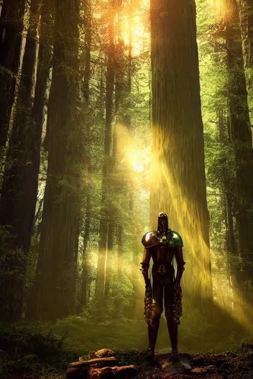 Image similar to The Green Knight standing in a redwood forest near a river at sunset, anatomically correct, hyperrealistic, nature aesthetic, concept art, octane render, unreal engine 5, trending on Artstation, high quality, 8K, highly detailed, symmetrical, five fingers, path tracing, soft lighting