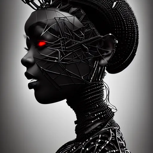 Image similar to portrait of an absurdly beautiful, graceful, sophisticated, fashionable black cyberpunk mechanoid gravure idol, hyperdetailed illustration by irakli nadar, adut akech, matt wisniewski style, intricate linework, dark black porcelain skin, jellyfish headdress, unreal engine 5 highly rendered, global illumination, red light, detailed and intricate environment