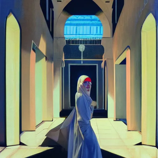 Image similar to beautiful woman, courtyard, capital, mosque interior, reflections, control panel, watcher, omniscient, tech noir, few neon signs, syd mead, matte painting, speed painting, chiaroscuro, oil on canvas