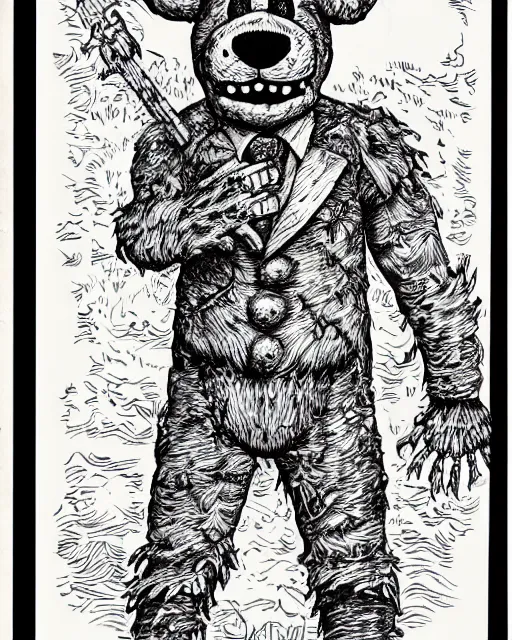 Image similar to an illustration of a freddy fazbear, full body, pen-and-ink illustration, etching, by Russ Nicholson, DAvid A Trampier, larry elmore, 1981, HQ scan, intricate details, Monster Manula, Fiend Folio