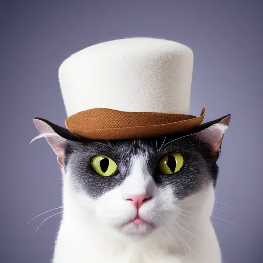 Image similar to a white cat with a hat on its head, a stock photo by Miao Fu, shutterstock contest winner, rasquache, stock photo, stylish, white background