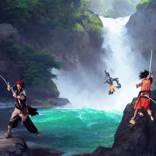 Prompt: two pirates having a sword duel in a rope bridge in front of a large waterfall, digital art, cinematic, vivid colors, elegant, very beautiful, epic, greg rutkowski, atey ghailan, trending on art station