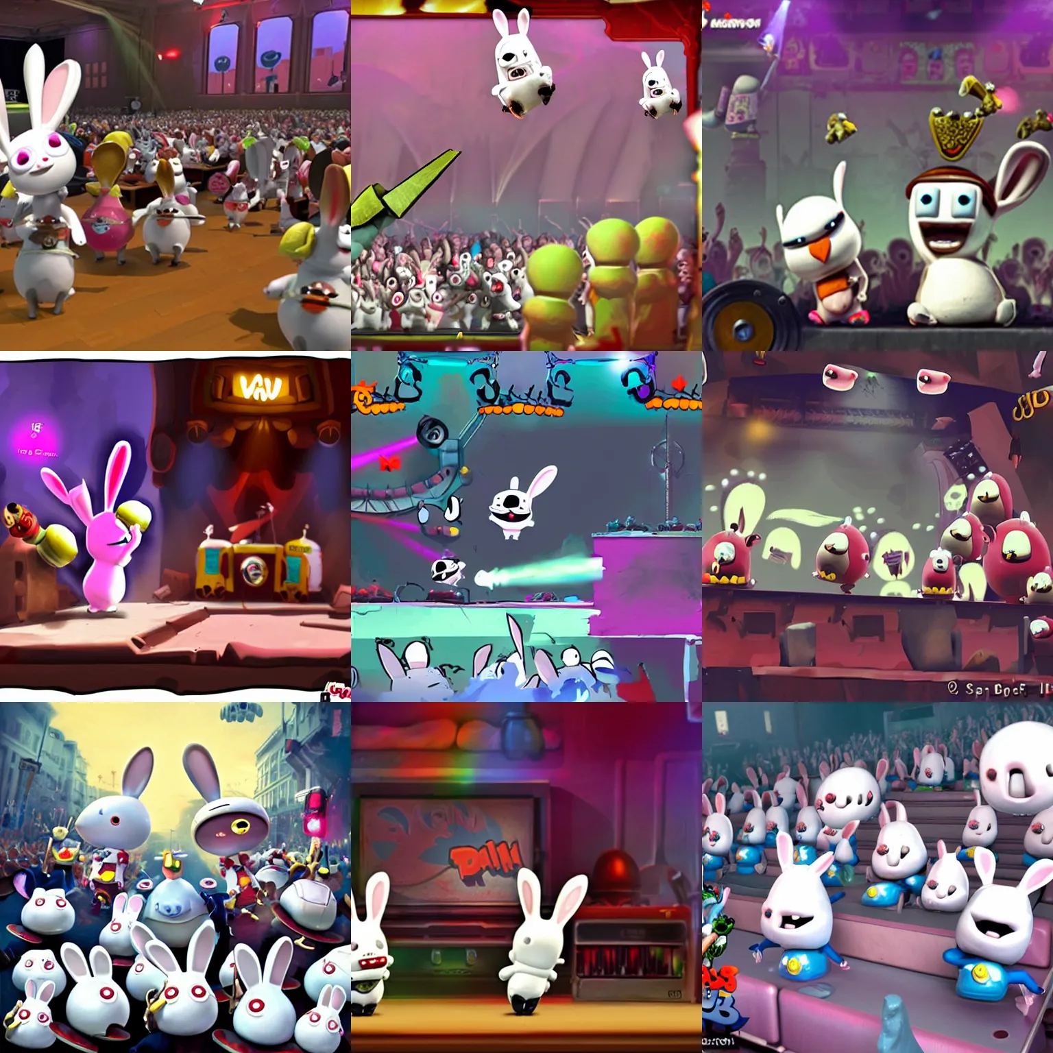 Prompt: rabbids at a metal concert, rayman raving rabbids