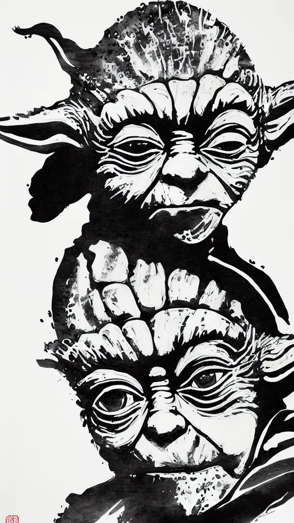 Prompt: a portrait of yoda as japanese ink calligraphy. brush strokes. harsh ink lines. color harmony, 8 k detail, gallery quality, hd wallpaper, premium prints available, hyper - detailed, intricate design.