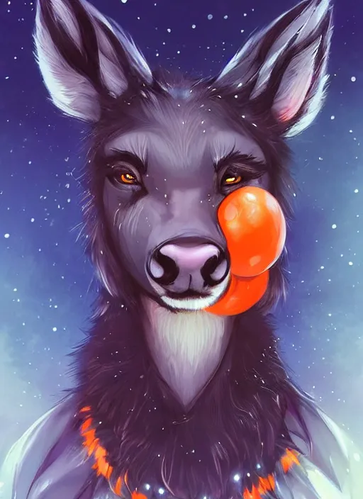 Image similar to award winning beautiful portrait commission of a male furry anthro Black Reindeer fursona with a tail, wings and a cute beautiful attractive detailed furry face wearing stylish black and orange galaxy clothes in a outerspace city at night while it rains. Character design by charlie bowater, ross tran, artgerm, and makoto shinkai, detailed, inked, western comic book art