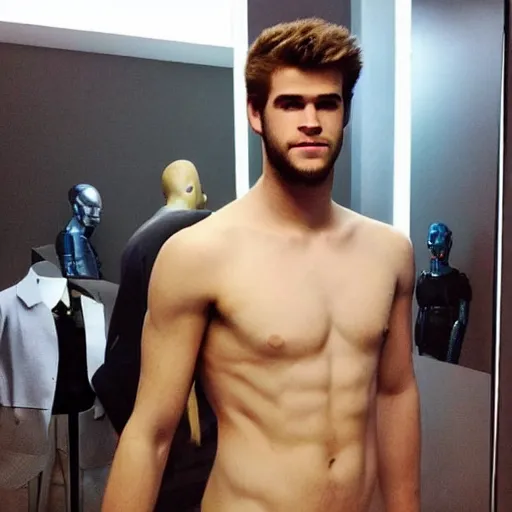 Image similar to “ a realistic detailed photo of a guy who is an attractive humanoid who is half robot and half humanoid, who is a male android, actor liam hemsworth, shiny skin, posing like a statue, blank stare, at the museum, on display ”