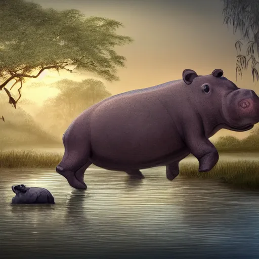 Image similar to very sad hippo waking up in a beautiful river landscape, birds flying, sunrise, drawn by brigette barager, intricate details, beautiful shading, emotional, trending on artstation