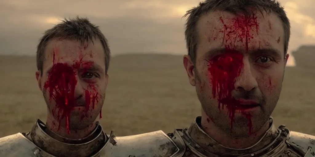 Image similar to film still of closeup a one knight stands on knee with a bloody heart in his outstretched hand by emmanuel lubezki