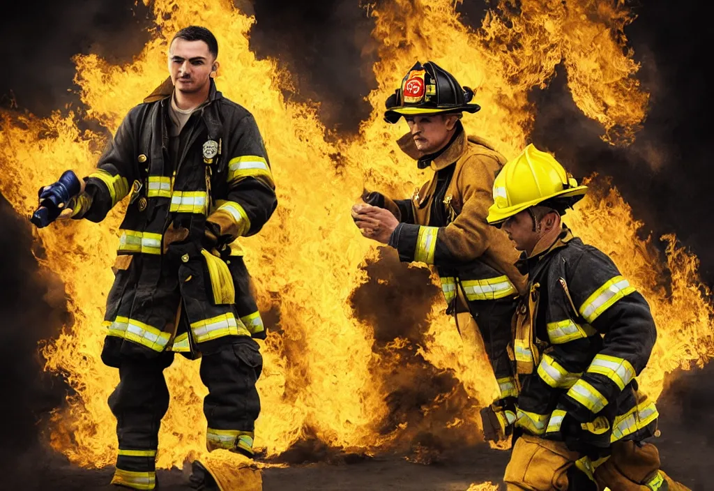 Image similar to one heroic firefighter in action in black and yellow uniform, fire flames, sharp details, highly detailed, beautiful cinematic light deep focus, elegant, digital painting, smooth, sharp focus, golden ratio, dramatic illumination, ultra realistic, 8 k, illustration, by yerbol bulentayev and murat gul and pablo olivera and greg rutkowski, bloom, dramatic lighting