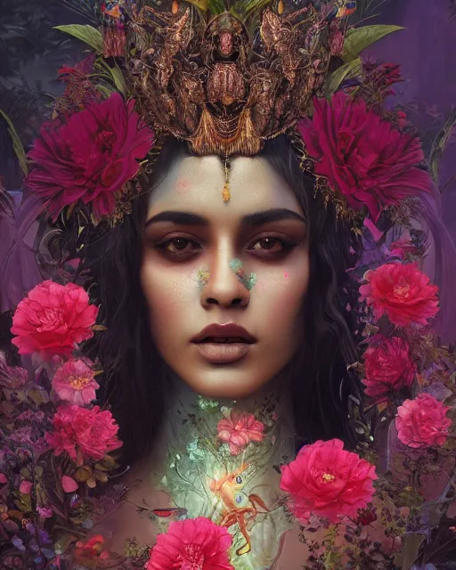 Image similar to portrait of the indian queen of the underworld, surrounded by flowers by karol bak, james jean, tom bagshaw, rococo, sharp focus, trending on artstation, cinematic lighting, hyper realism, octane render, 8 k, hyper detailed.