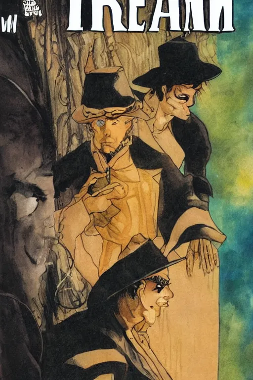Prompt: dream from sandman comic book and corto maltese, staring at each other, close up, portraits, comic book cover