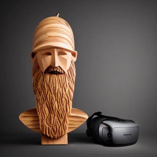 Image similar to wooden sculpture of a bearded viking wearing a vr headset, polished maple, thoughtful, elegant, real